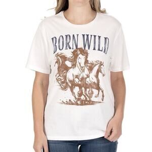 State of Mine Women's White Graphic Tee Born Wild, Horses Size XS